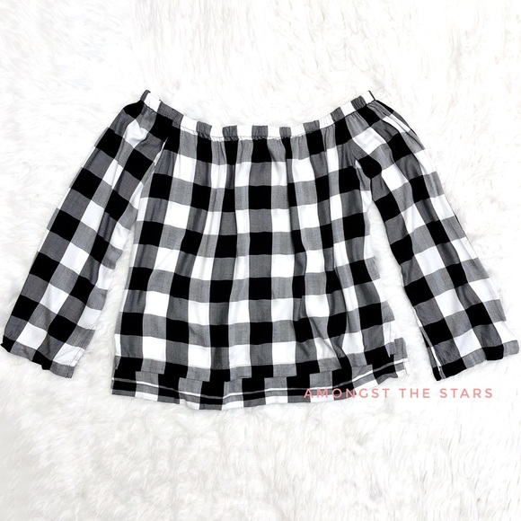 black and white checkered off the shoulder top